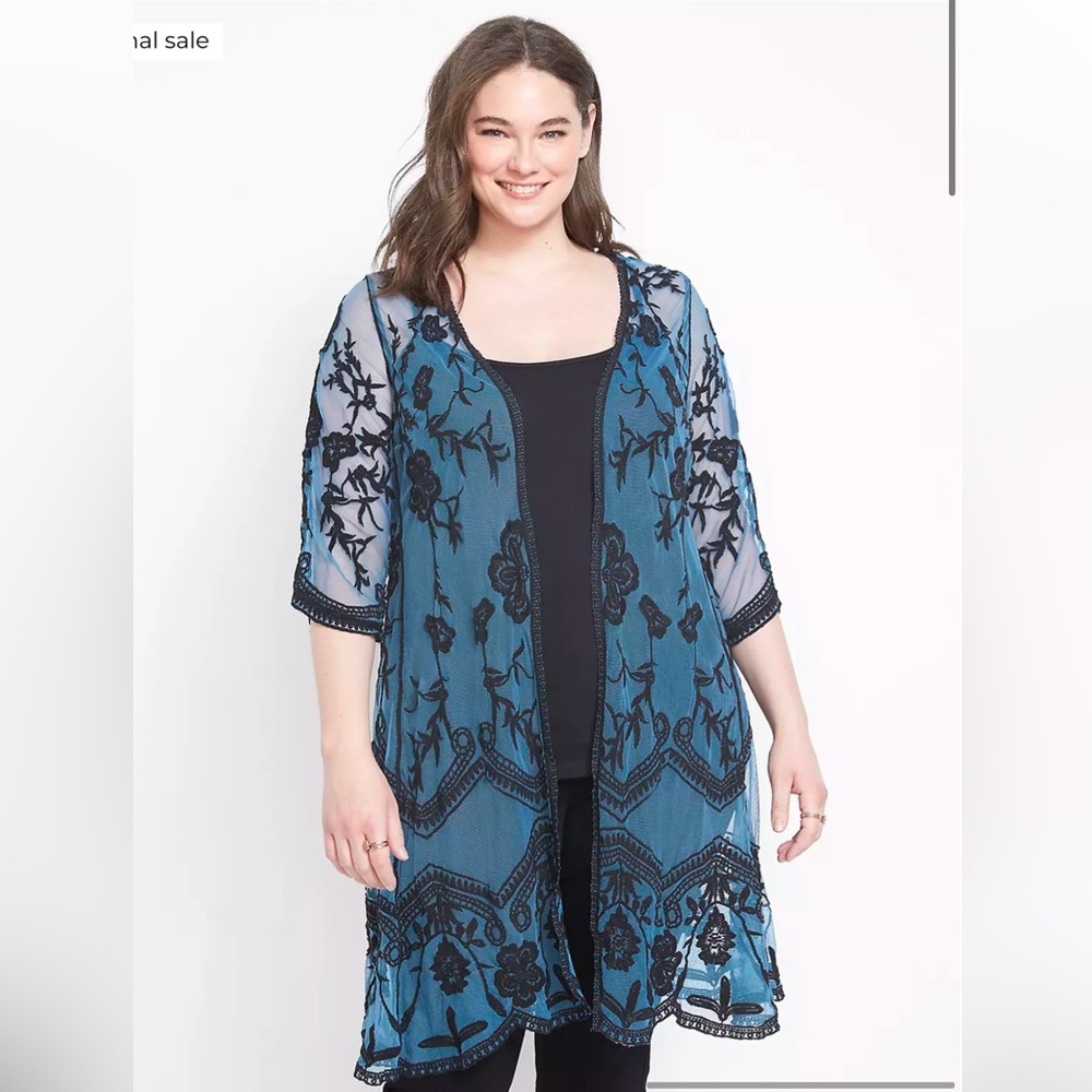 Lane Bryant Blue black Floral Embroidered MESH DUSTER JACKET Open Front Robe 18